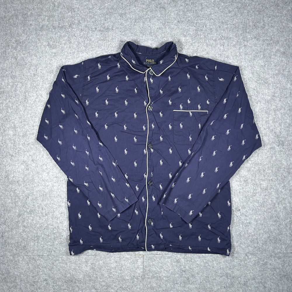 Polo Ralph Lauren Sleepwear Shirt Mens Medium Navy Blue Pony All Over Print Logo
